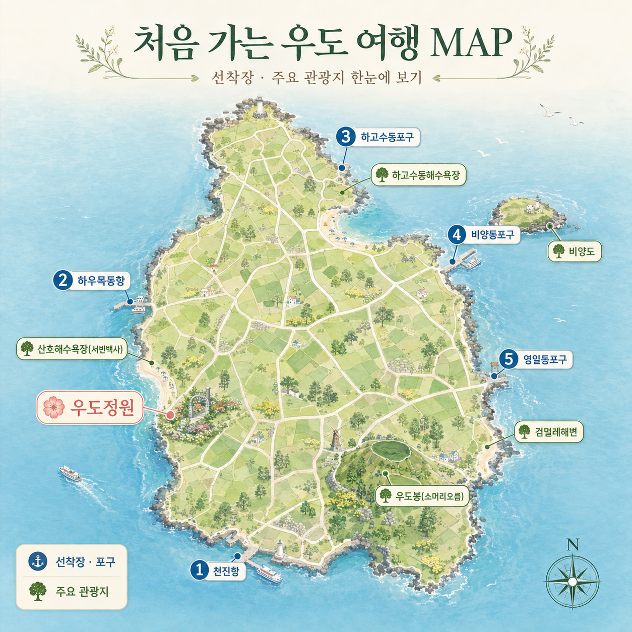 천진항과 하우목동항, 서빈백사, 우도정원, 하고수동해변, 비양도, 검멀레해변, 우도봉 위치를 표시한 우도 가볼만한곳 여행지도