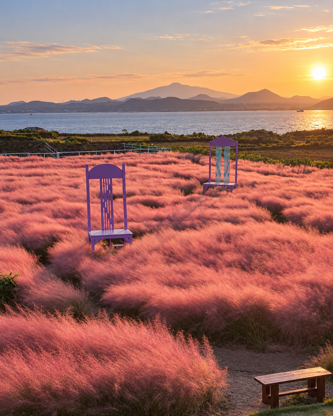韓國濟州島牛島庭園秋季粉黛亂子草（粉紅芒草）與自然景觀