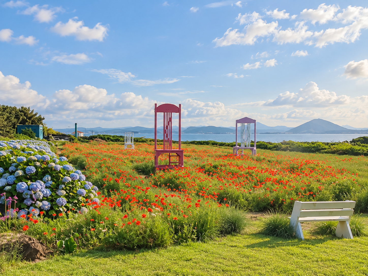 韓國濟州島牛島庭園夏季繡球花與夏季花卉景觀