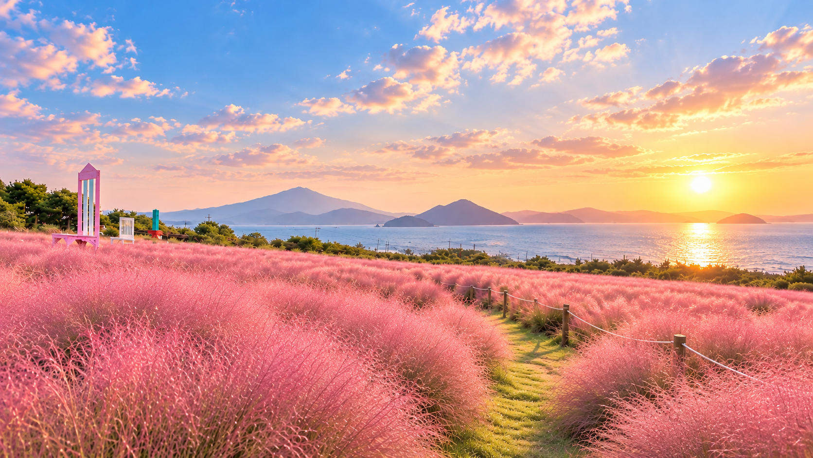 韓國濟州島牛島庭園秋季粉黛亂子草與四季花卉景觀
